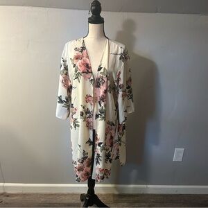 Betsey's Boutique Shop Floral Rose Kimono Cover Up Cardigan Large Cream Summer